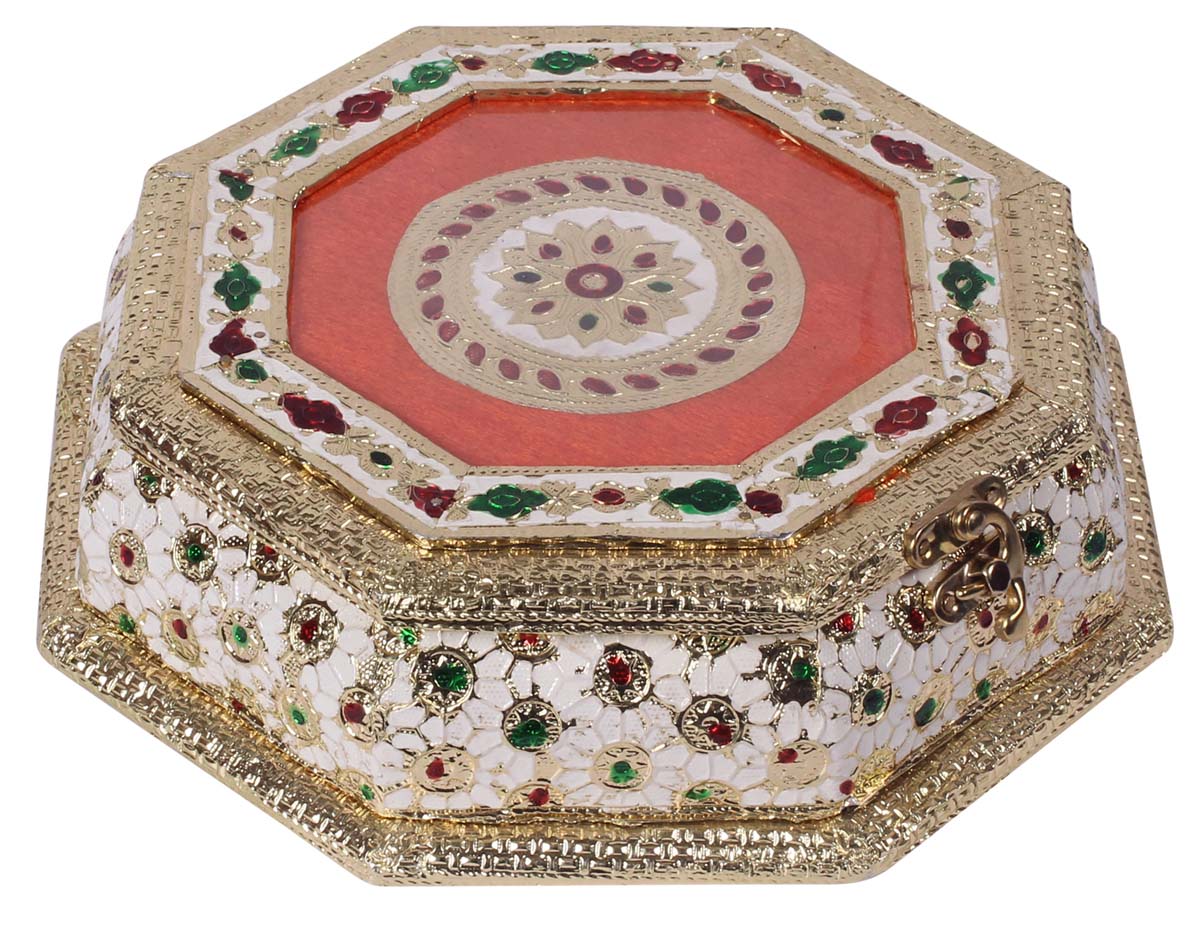 9” Spice Container / Dry-Fruit Holder / Tea Box in Brass & Aluminum Sheet - Antique-Look Box with Metal Work - Dining Table / Kitchen Essentials - Buy in Bulk Wholesale